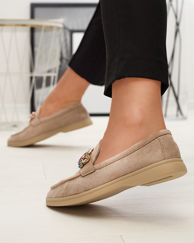 Mocassins pour femmes en daim écologique marron clair avec cristaux décoratifs Nellens- Footwear