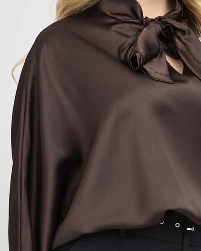 Blouse longue en satin marron foncé pour femme avec lien - Vêtements