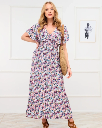 Robe longue à fleurs bleues et roses pour femme - Vêtements