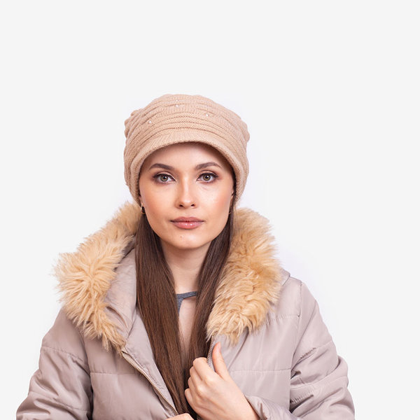 Bonnet chaud femme beige avec perles - Accessoires
