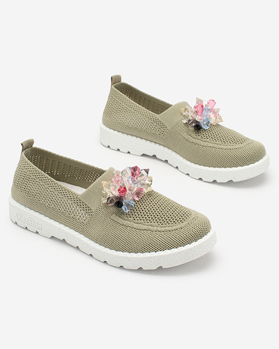 Royalfashion Mocassins en tissu kaki pour femme avec cristaux Fezens