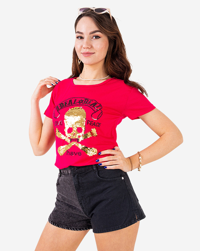 T-shirt femme fuchsia à sequins avec inscriptions - Vêtements
