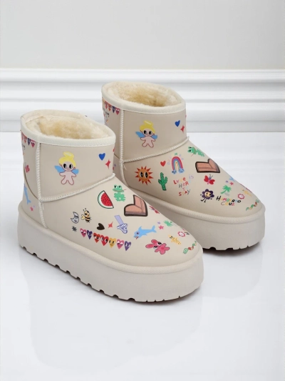 Bottines Lemuria - Bottes de Neige Cr\[egrave\]me Doodle \[agrave\] Semelle \[E]paisse Furrini