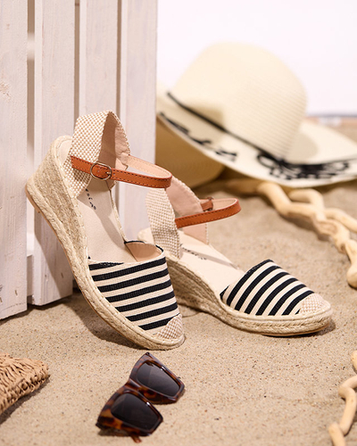 OUTLET Espadrilles femme noires à rayures sur le compensé Mecera - Chaussures