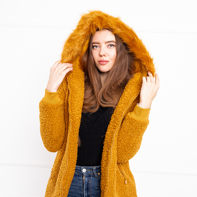 Veste femme jaune à capuche en mouton retourné - Vêtements
