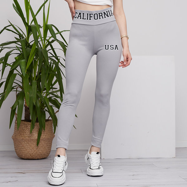 Legging femme gris clair côtelé avec inscriptions - Vêtements