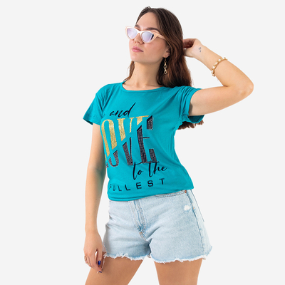 T-shirt femme bleu avec inscriptions ornées de paillettes et d'oxydes de zirconium - Vêtements