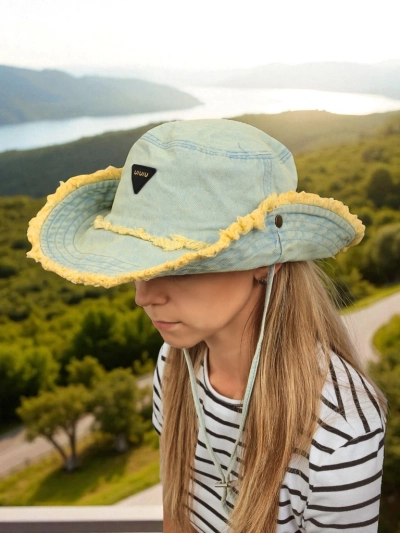 Chapeau de soleil pour femmes Aristea jean pastel avec bordure jaune bohème
