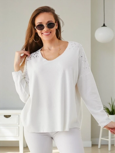 Pull en viscose fin pour femme Royalfashion avec des strass sur les épaules