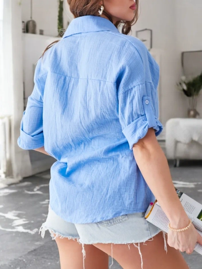 Chemise en coton pour femmes Royalfashion avec embossage, décolleté en V et manches 3/4