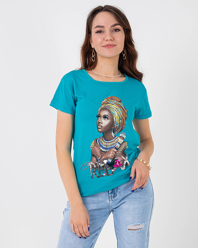T-shirt femme bleu imprimé coloré et sequins - Vêtements