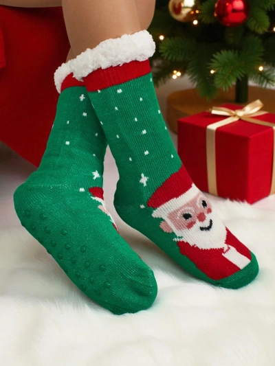 Chaussettes Femme Santa Vertes Tricotées Chaudes pour l'Hiver