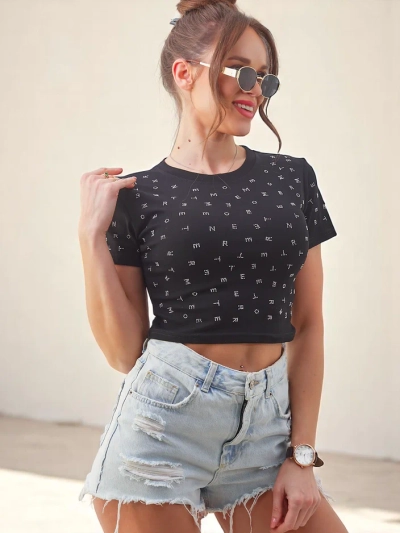 Top court en coton pour femmes Royalfashion avec strass et lettres