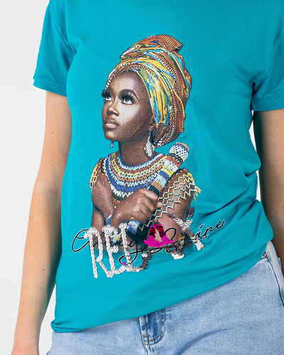 T-shirt femme bleu imprimé coloré et sequins - Vêtements