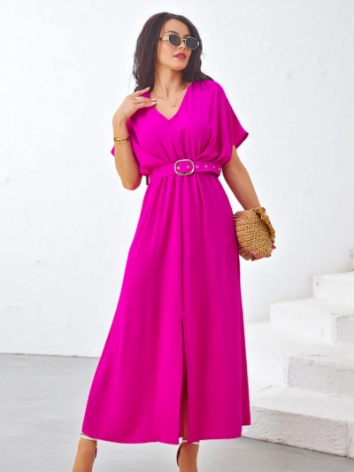 Robe midi pour femmes Royalfashion avec manches courtes, décolleté en V et une fente centrale