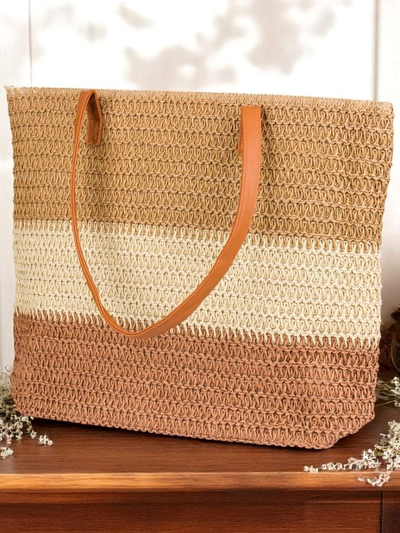 Royalfashion Grand sac en paille pour femme, larges rayures audacieuses