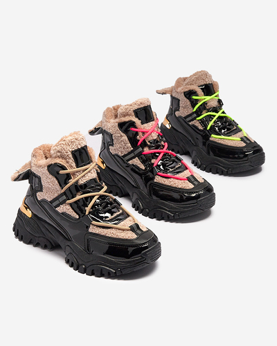 Chaussures de sport noires pour femmes avec fourrure et lacets jaune fluo Adbo- Footwear