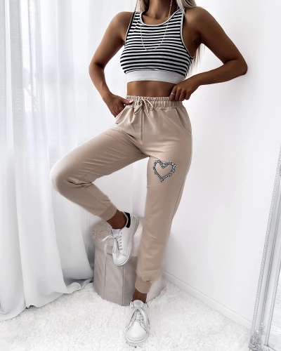 Pantalon de survêtement beige pour femme avec décorations en zircon- Vêtements