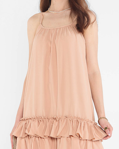 Robe camel à bretelles et volants femme - Vêtements