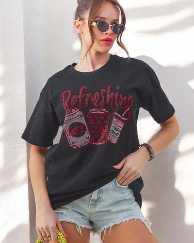 T-shirt en coton pour femmes Royalfashion avec impression de strass