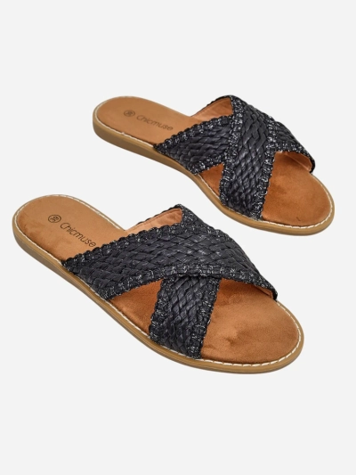 Sandales plates pour femmes Calista Nero, tresse noire, cuir écologique