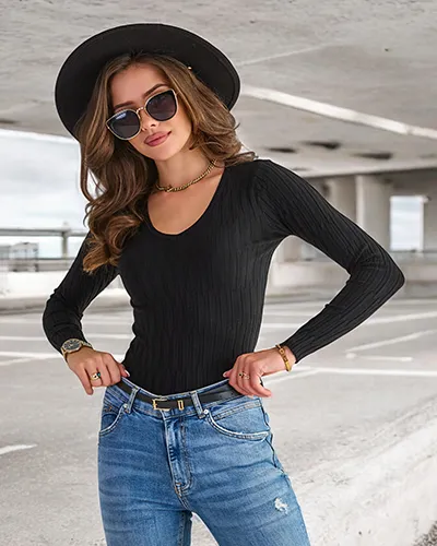 Pull col V noir femme - Vêtements