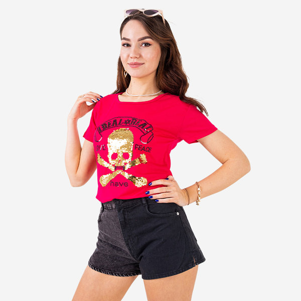 T-shirt femme fuchsia à sequins avec inscriptions - Vêtements