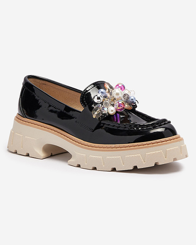 Mocassins pour femmes laqués noirs avec ornement Leliab- Footwear