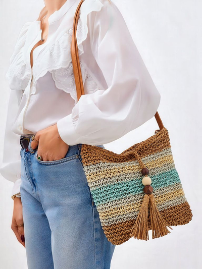Royalfashion Petit sac en paille pour femme, rayé, orné d’un charm Mini