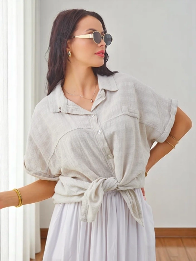 Chemise en coton Royalfashion pour femmes avec embossage et manches courtes