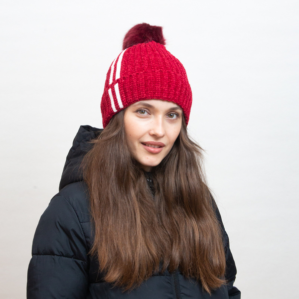 Bonnet isolé marron avec rayures blanches et pompon - Accessoires