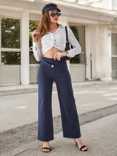 Pantalons larges en coton pour femmes Royalfashion avec embellissement en forme de ceinture