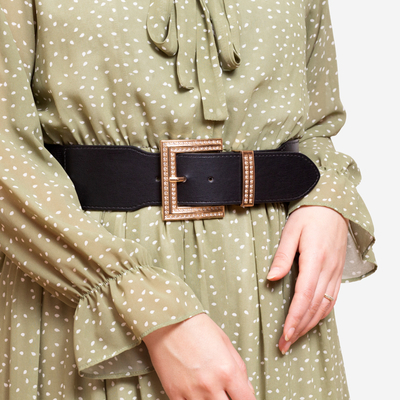 Ceinture large noire pour femmes avec grande boucle dorée avec zircons - Accessoires