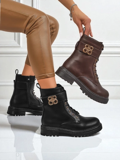 Bottines en cuir Artemisia Nero à bout rond avec fermeture éclair et boucle dorée