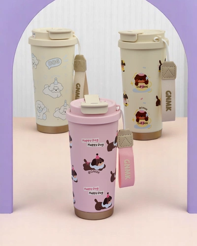 Royalfashion Mug thermique avec un panier, une paille et un bec Happy Dog