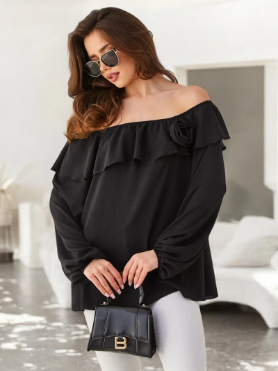 Blouse femme décolleté bardot avec volants et fleurs