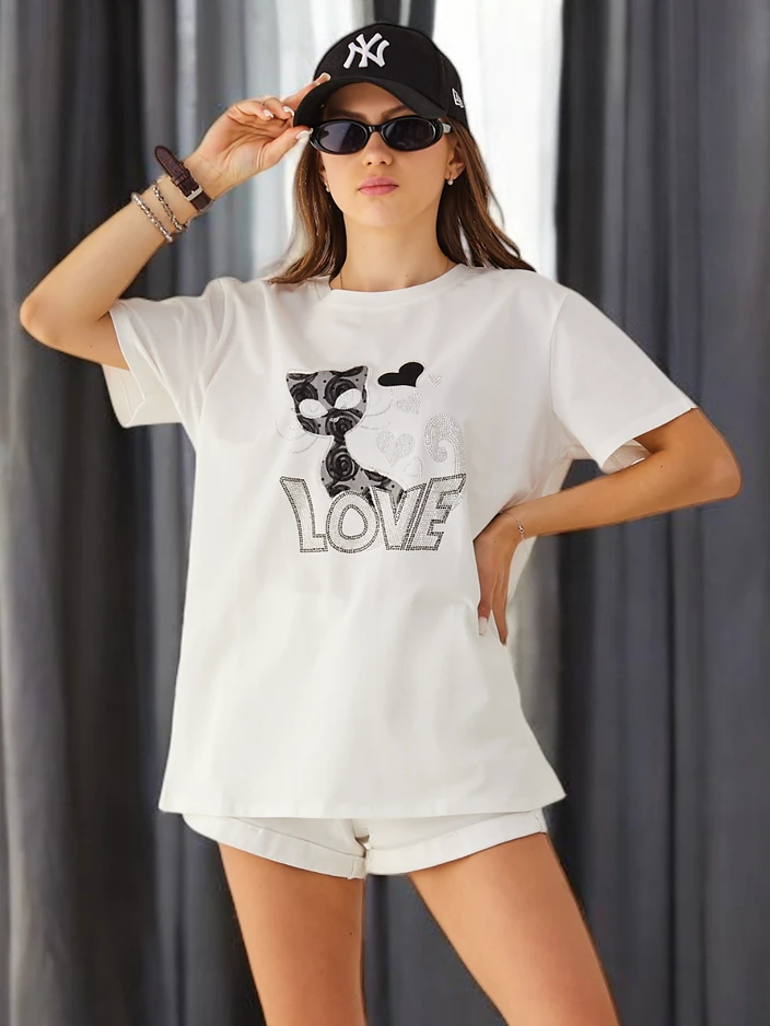 Royalfashion T-shirt en coton pour femmes Cat Love