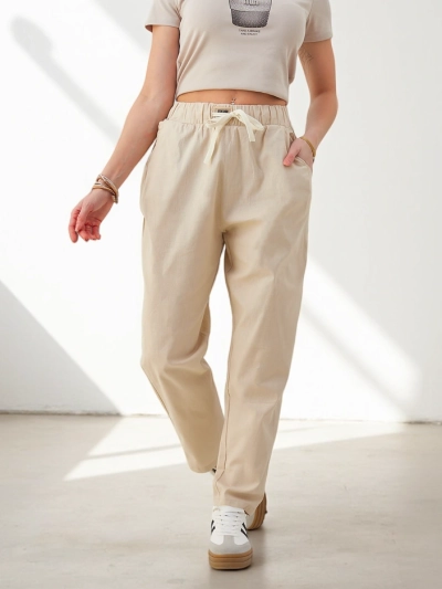 Pantalons droits en coton pour femmes Royalfashion avec un lien à la taille