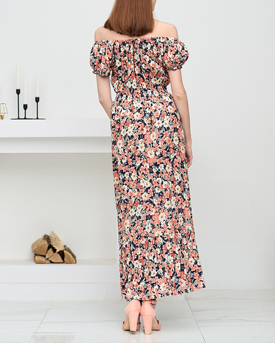 Robe longue femme bleu marine à fleurs corail - Clothing