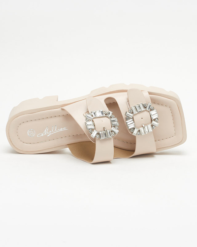 Babouches beiges pour dames avec ornements en zircon Sadoh- Footwear