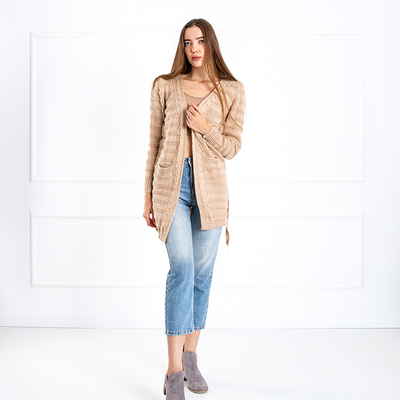Cardigan femme beige noué avec poches - Vêtements