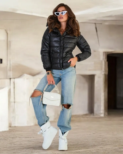 Royalfashion Veste matelassée noire à capuche pour femme