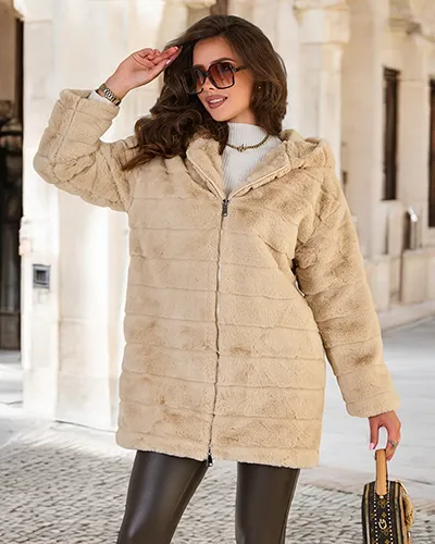 Royalfashion Manteau de fourrure beige pour femme