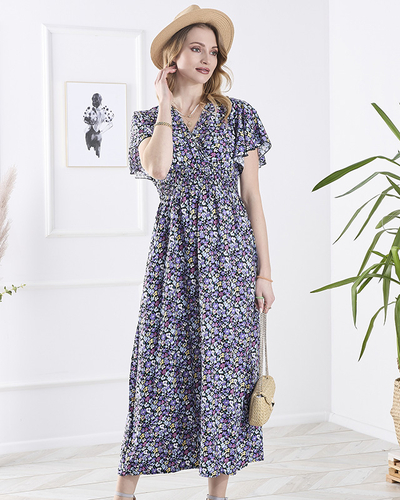 Robe longue noire à fleurs violettes pour femme - Vêtements