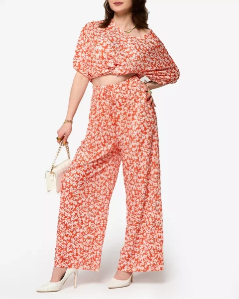 Ensemble plissé pour femme orange avec fleurs noires - Vêtements
