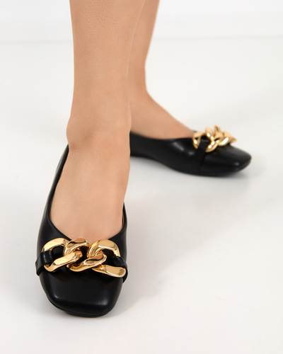 Ballerines en éco-cuir noir pour femmes avec décoration gassi dorée - chaussures