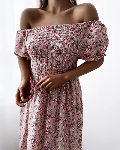 Robe midi beige à imprimé floral pour femme - Vêtements
