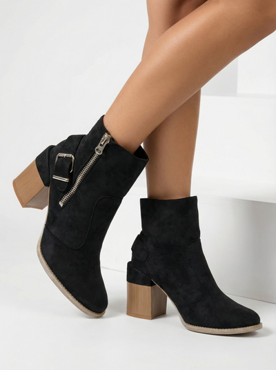 Royalfashion Bottes hautes à talon aiguille pour femmes en daim écologique noir Acimra