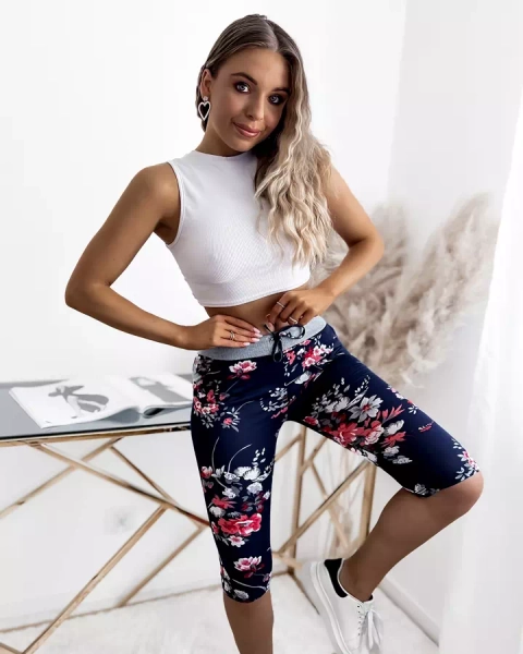 Short 3/4 femme bleu marine à fleurs rouges GRANDES TAILLE - Vêtements