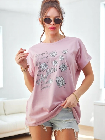 T-shirt en coton pour femmes Royalfashion avec imprimé feuilles